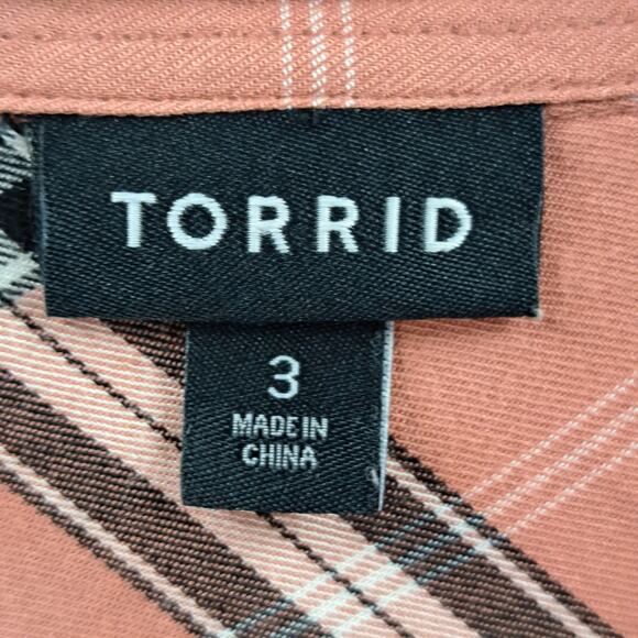 Torrid Peplum Top Plus 3X Plaid Twill‎ Button Front Long Sleeve Babydoll Pink - Picture 5 of 11